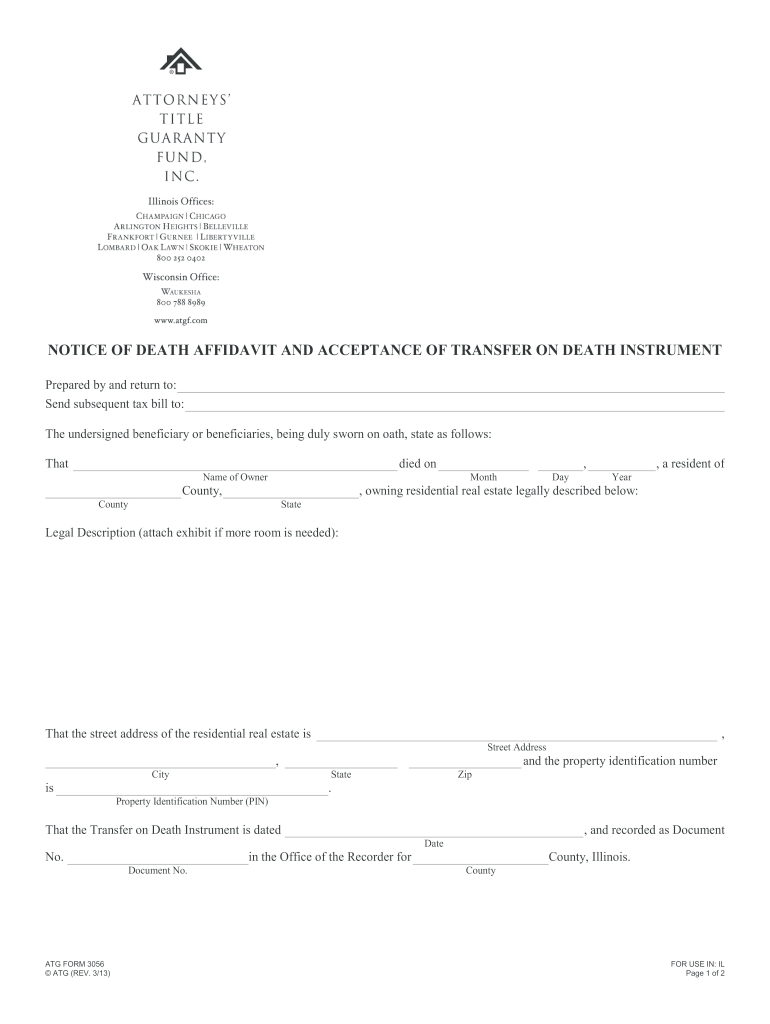 Notice of Death Affidavit and Acceptance of Transfer on Death Instrument  Form