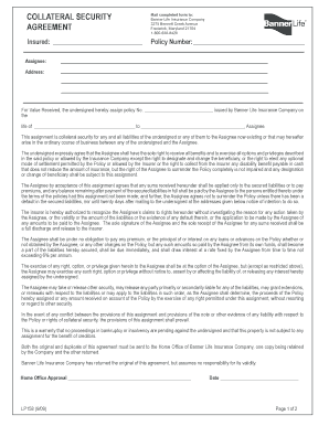 COLLATERAL SECURITY AGREEMENT Term Life Insurance  Form