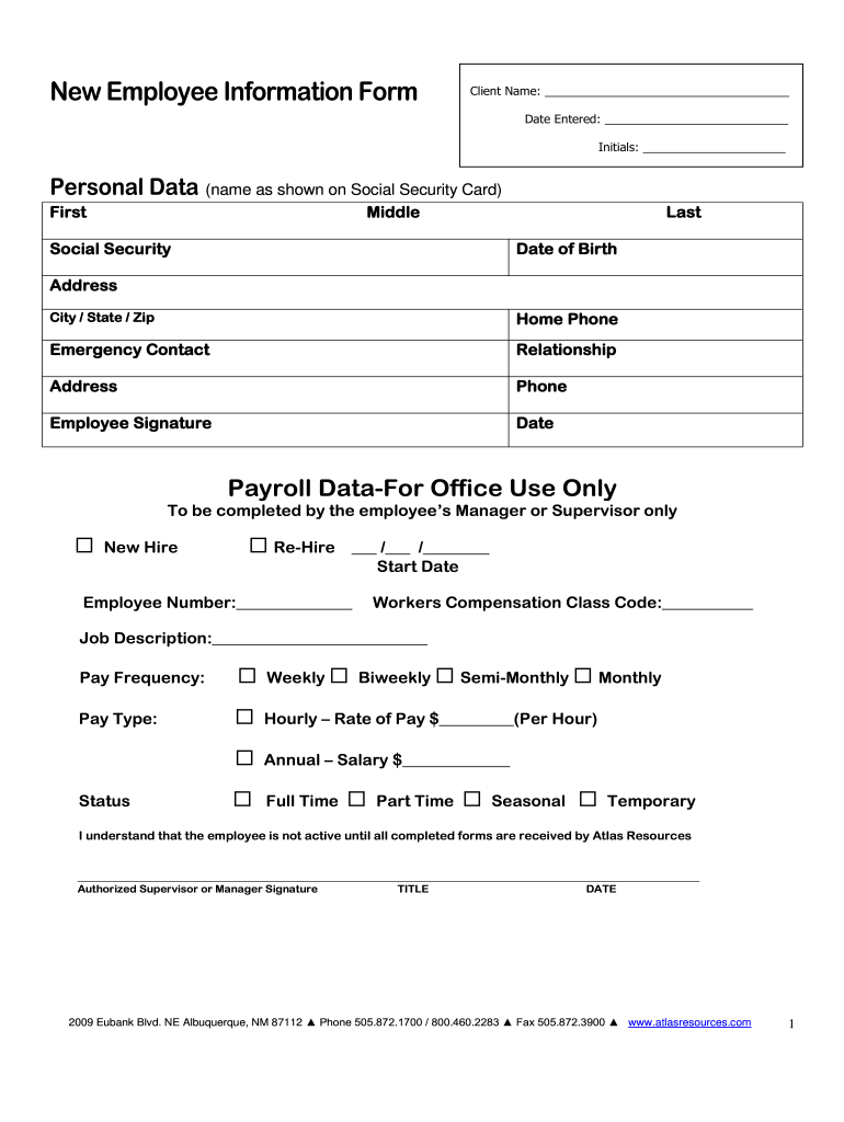 New Employee Information Form Atlas Resources