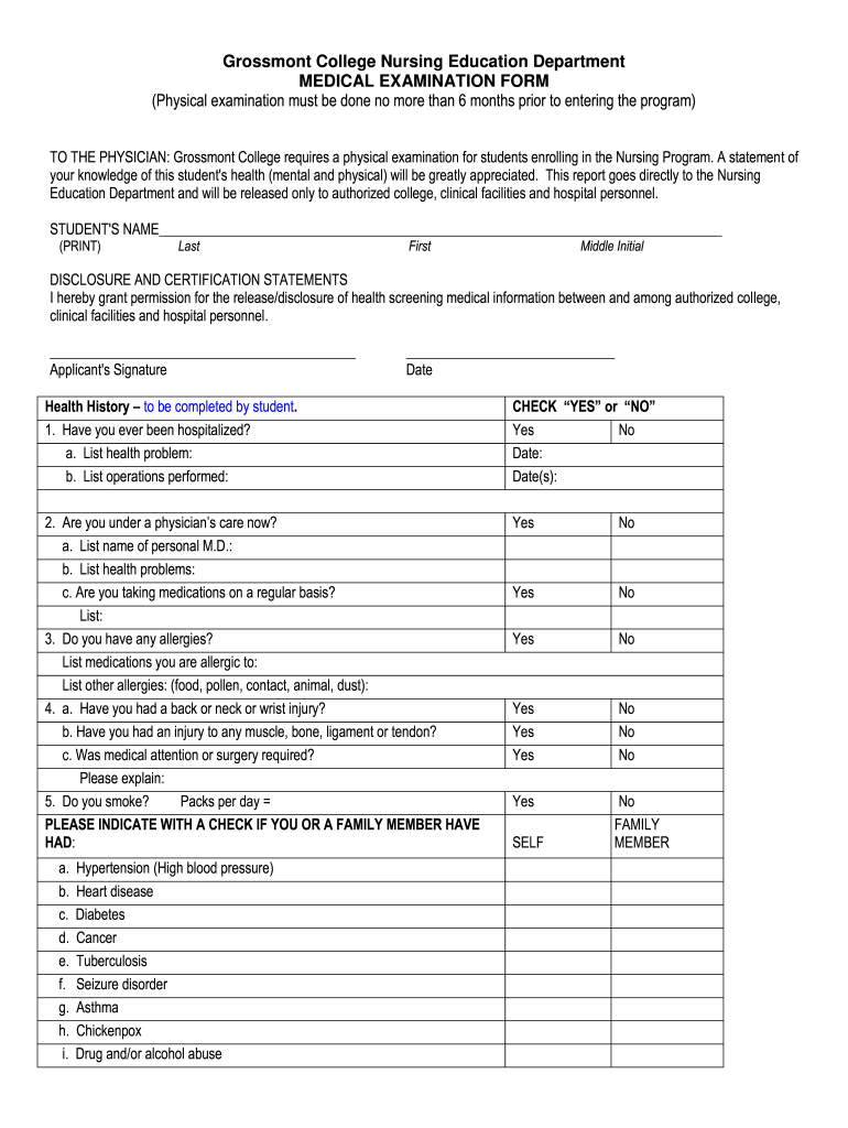 Physical Examination Form  Grossmont College  Grossmont