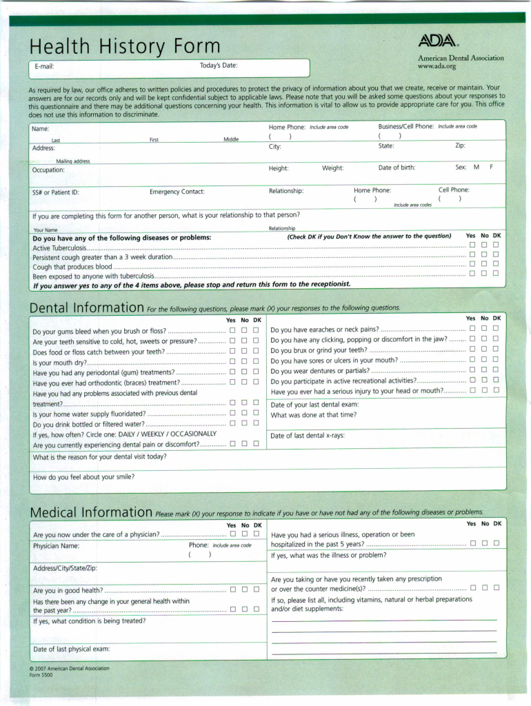 Printable Dental Health History Form Printable Forms Free Online