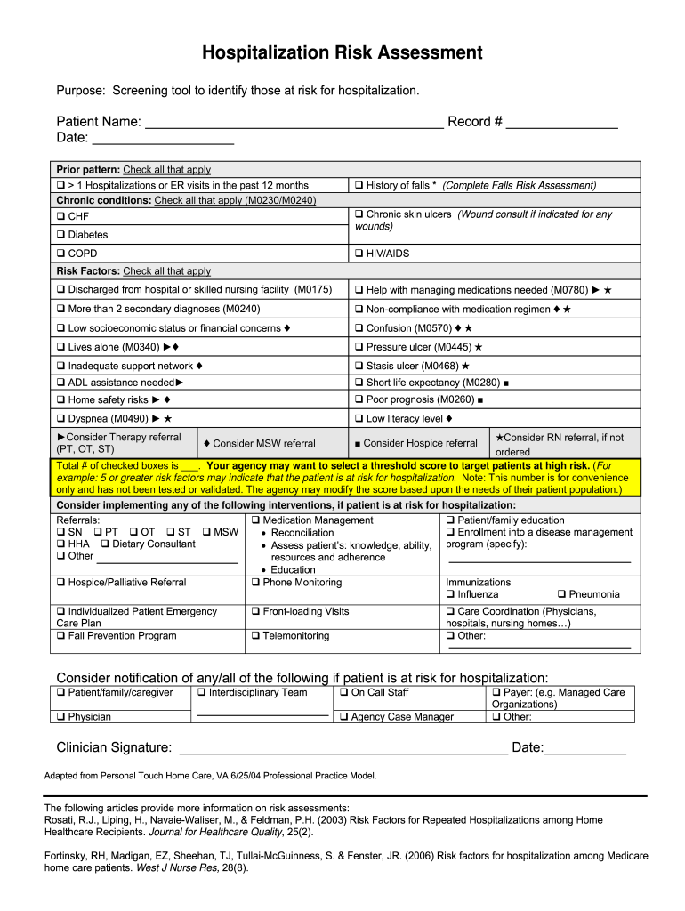 Hospitalization Risk Assessment Form
