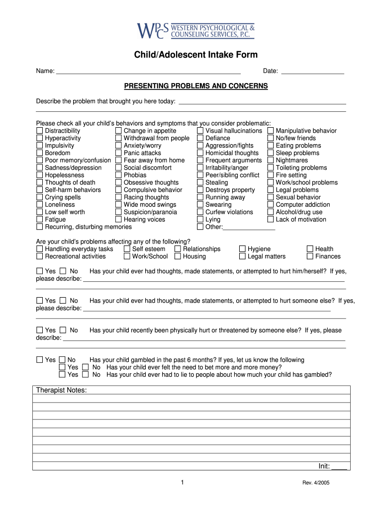 ChildAdol Intake Form Western Psychological and Counseling