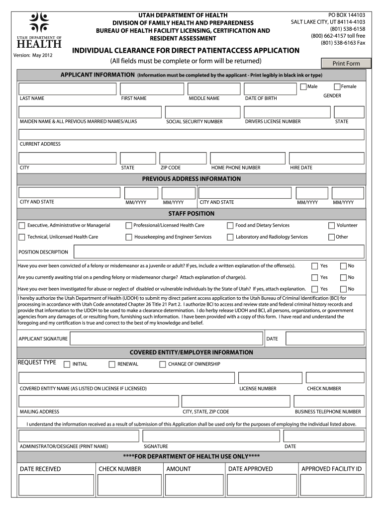Individual Clearance for Direct Patientaccess Application Health Utah  Form