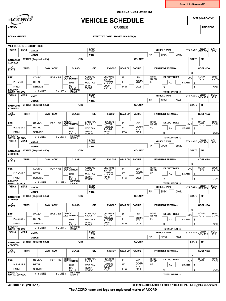 Vehicle Schedule for Commercial Auto Insurance Business Insurance Services Forms