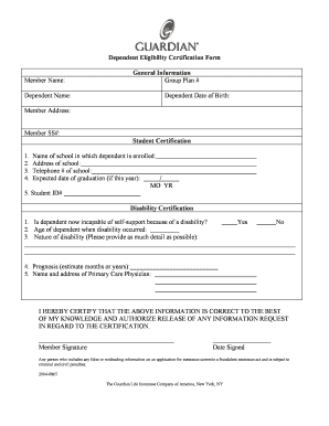  Guardian Dependent Eligibility Certification Form 2004
