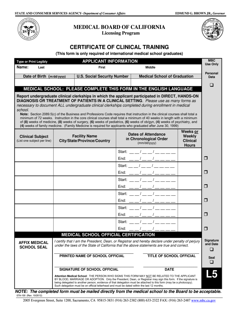  California Medical Board Form L5 2012