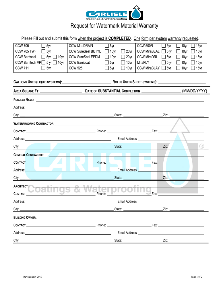  CCW MATERIAL Request for Warranty Form DOCX 2010