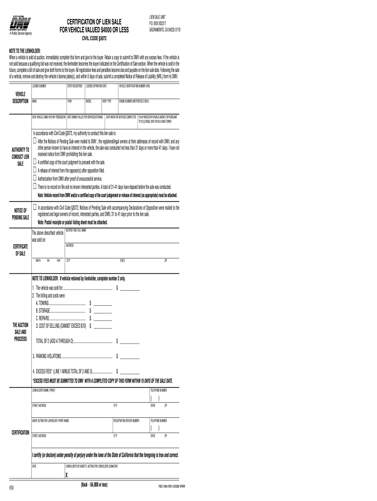 Certification of Lien Sale for Vehicle Valued $4000 or Less Form