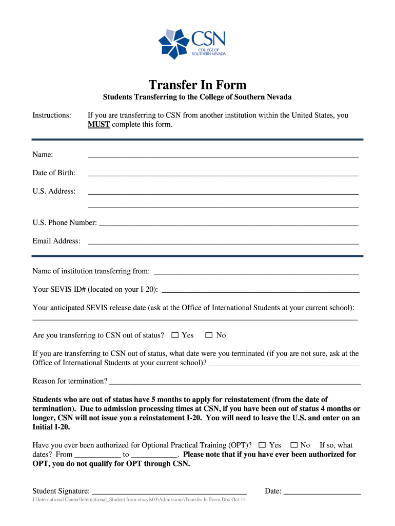 Get and Sign Transfer in Form  College of Southern Nevada  Csn 2014-2022