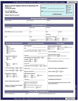 Missouri Cancer Registry Melanoma Reporting Form for Data Mcr Umh