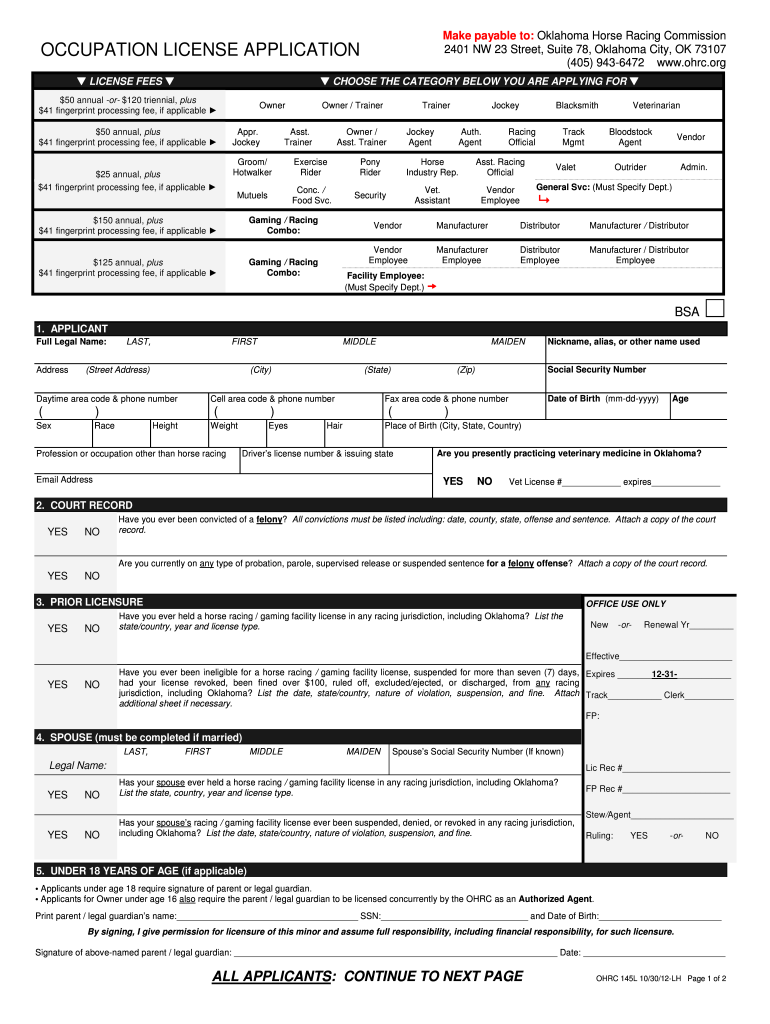  OCCUPATION LICENSE APPLICATION Oklahoma Horse Racing Ohrc 2012