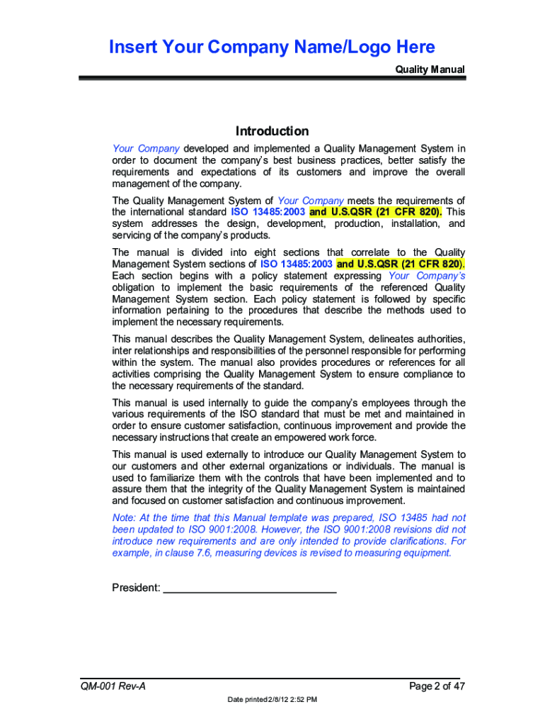 Iso 13485 Quality Manual Template  Form