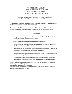 Certificate of Occupancy Application &amp; Checklist Logan Township Logan Twp  Form