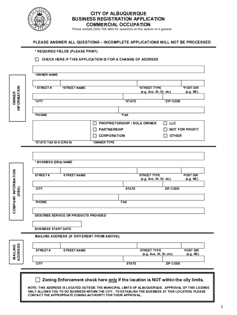 Albuquerque Business Registration Renewal  Form