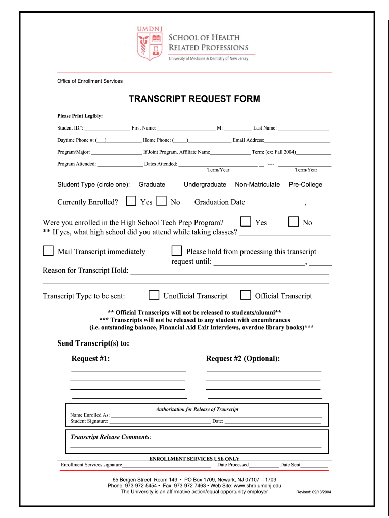 Get and Sign Umdnj Transcript 2004-2022 Form