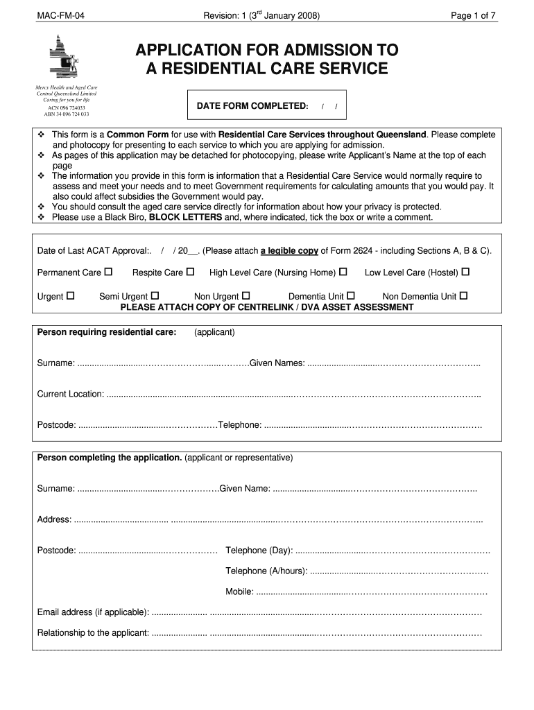  Application for Admission to  Mercy Health and Aged Care Central 2008-2024