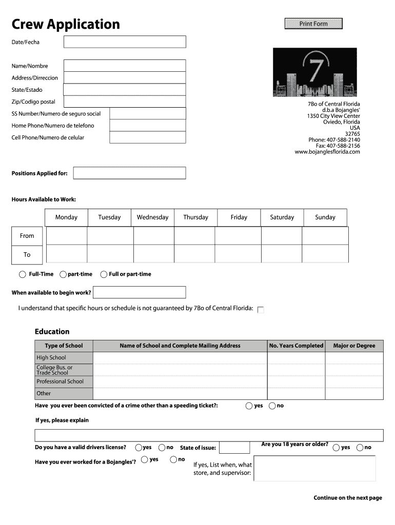 Bojangles Application  Form