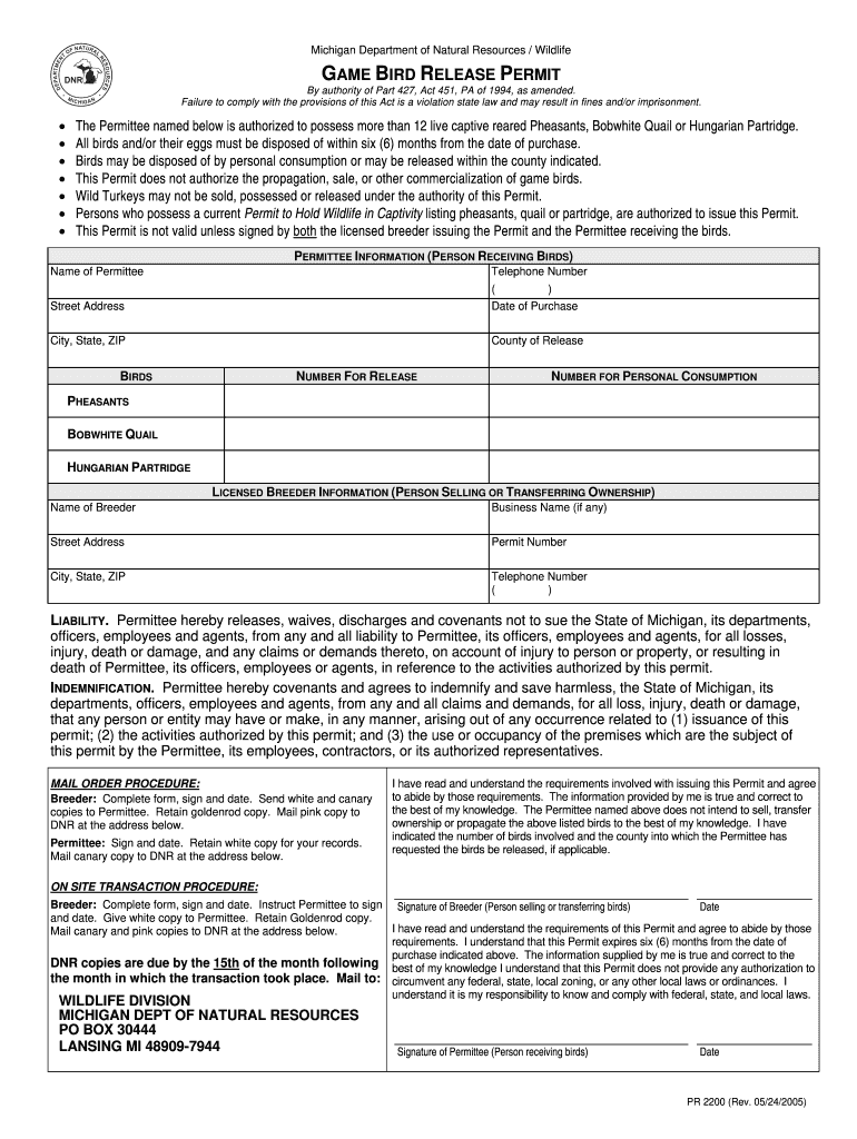  Game Bird Release Permit in Michigan Form 2005