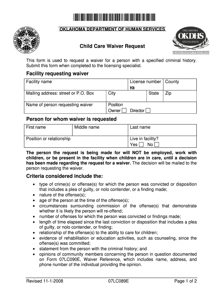  Criminal History Restriction Waiver Request Form 07lc089e 2008-2024