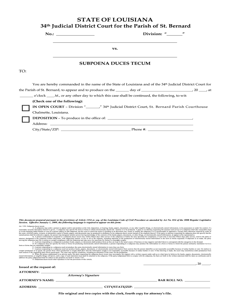 Louisiana Subpoena Duces Tecum Form