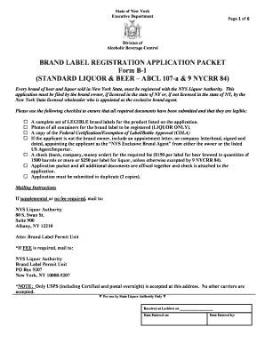 BRAND LABEL REGISTRATION APPLICATION PACKET Form B 1 Sla Ny