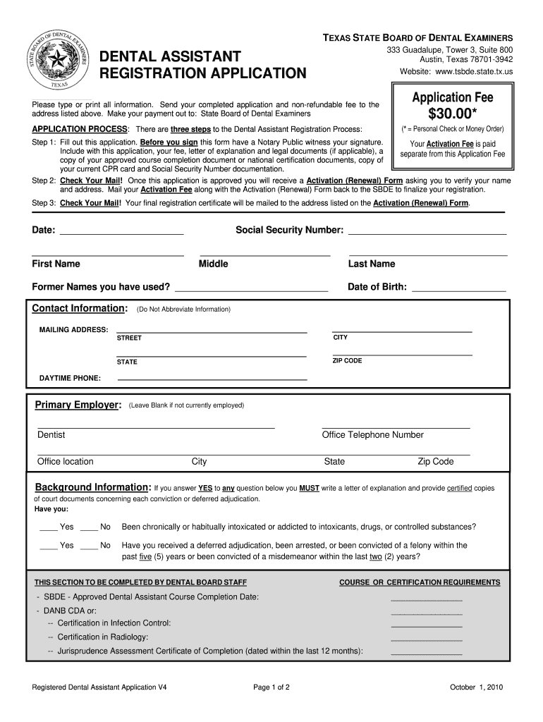  Texas Dental Board Application Form 2010