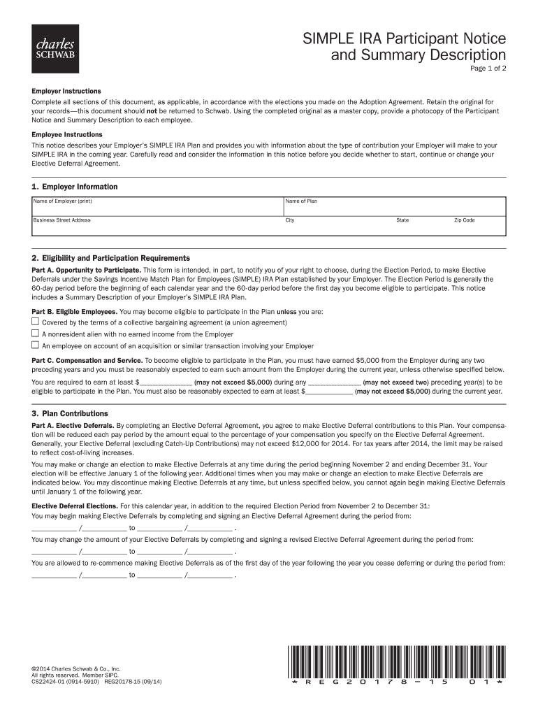 Charles Schwab Simple Ira Participant Notice and Summary Description  Form
