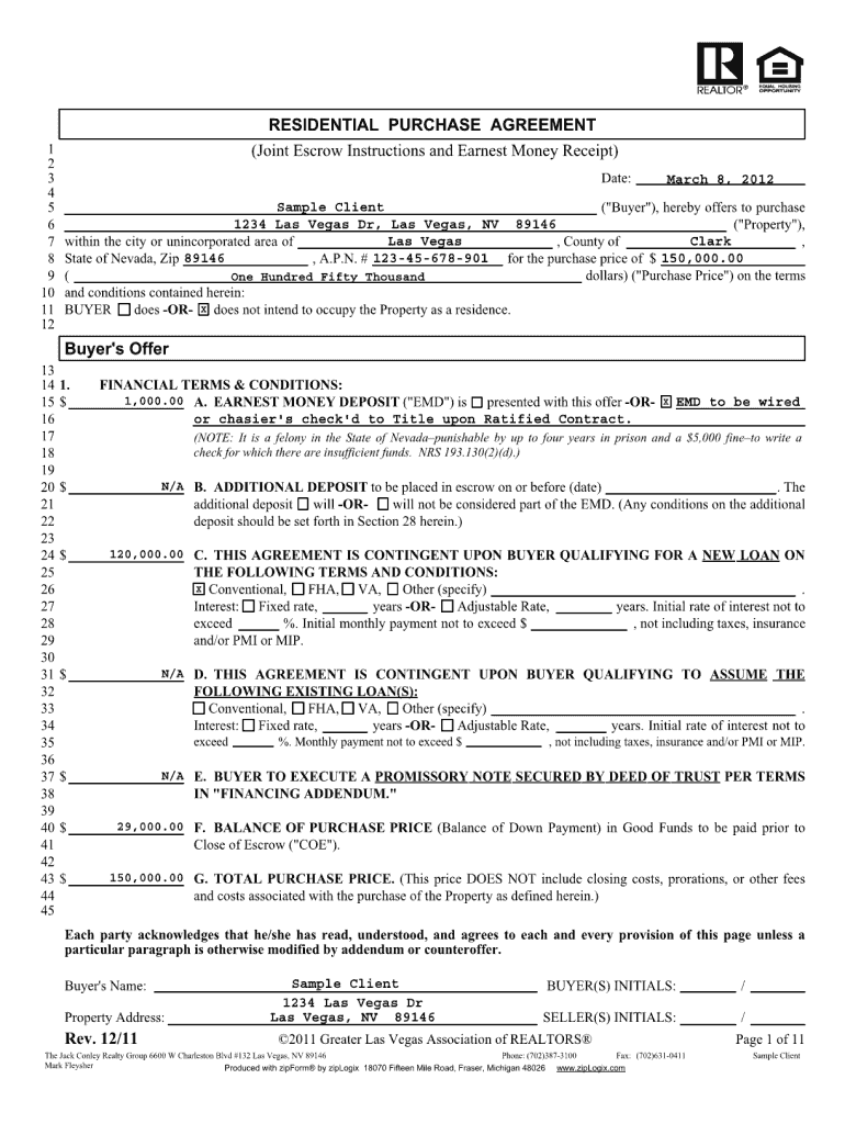 Glvar Residential Purchase Agreement  Form