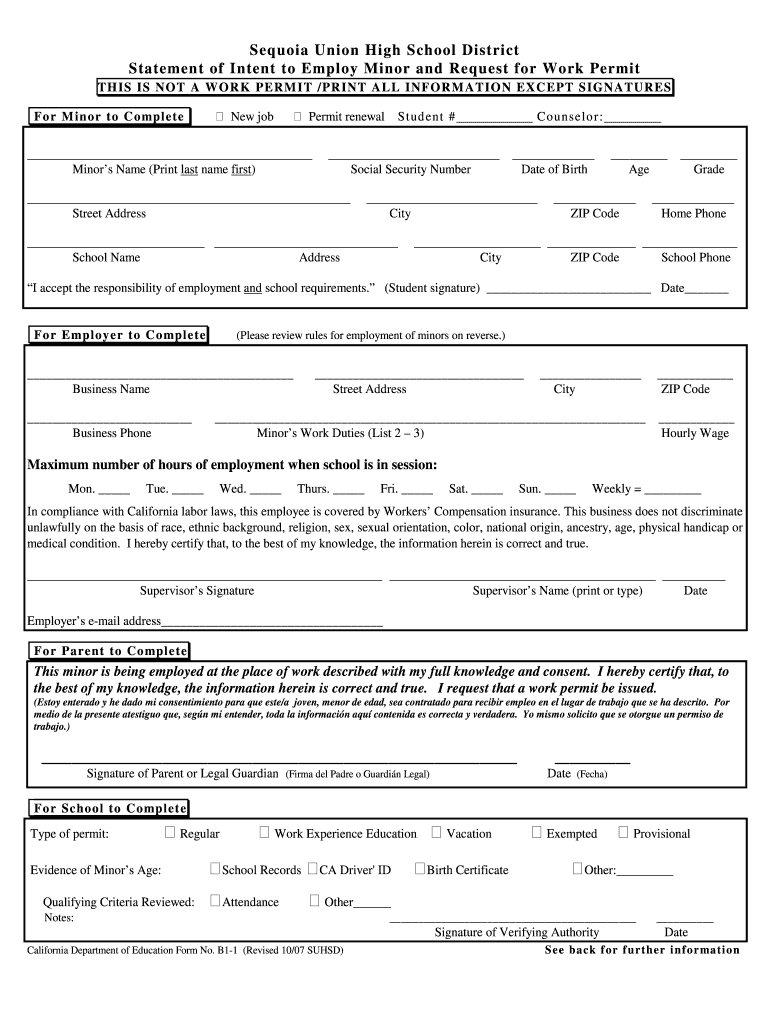  Sequoia Union High School District Work Permit 2007-2024