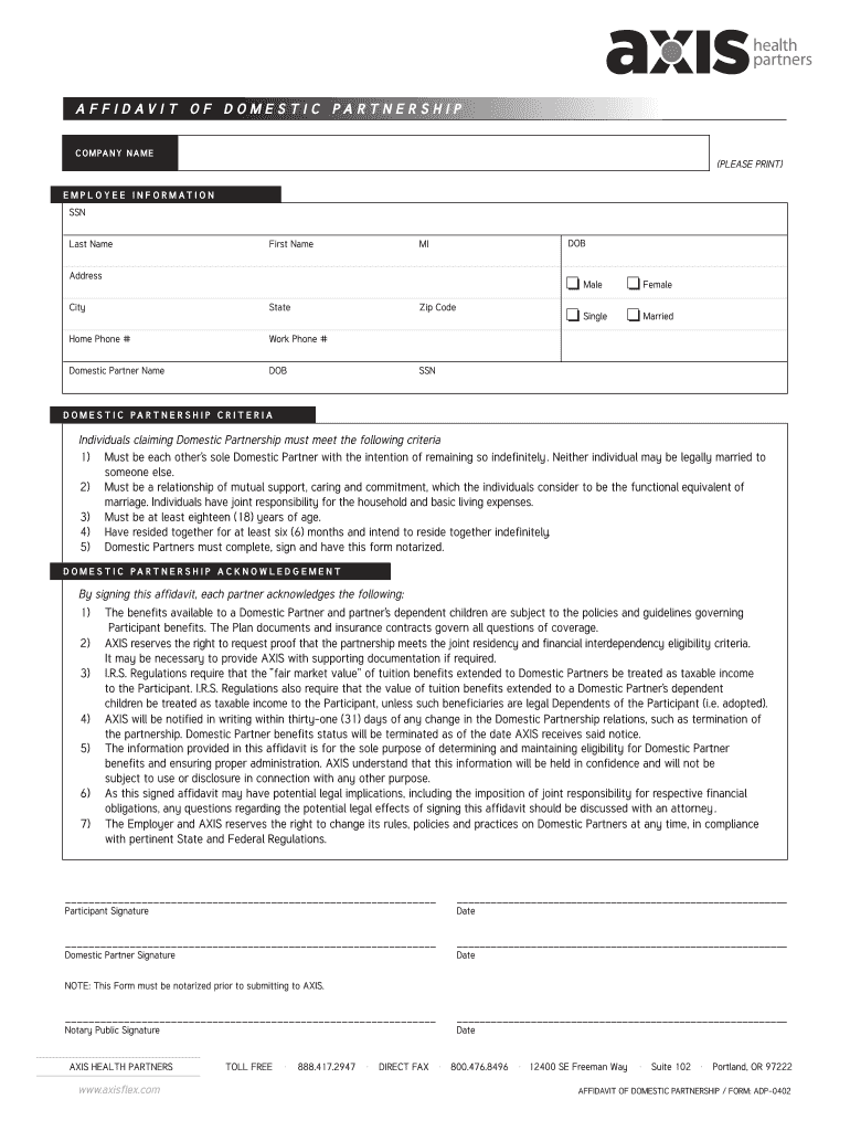 Pennsylvania Domestic Partnership Verification Form