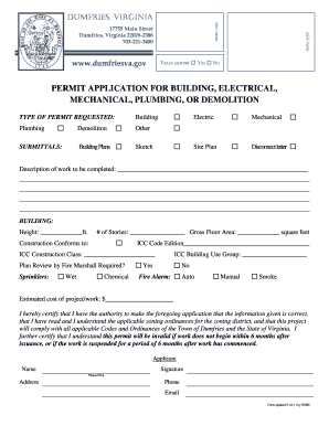 Permit Application for Building, Electrical Town of Dumfries Dumfriesva  Form