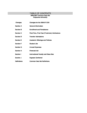 TABLE of CONTENTS Common Data Set Duquesne University Changes Section a Section B Section C Section D Section E Section F Sectio  Form