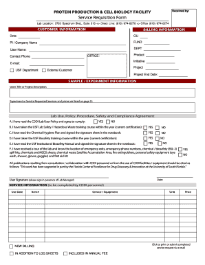 Protein Production and Cell Biology Service Request Form Research Usf