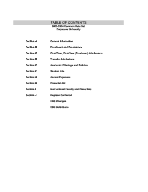 TABLE of CONTENTS Common Data Set Duquesne University Section a Section B Section C Section D Section E Section F Section G Sect  Form