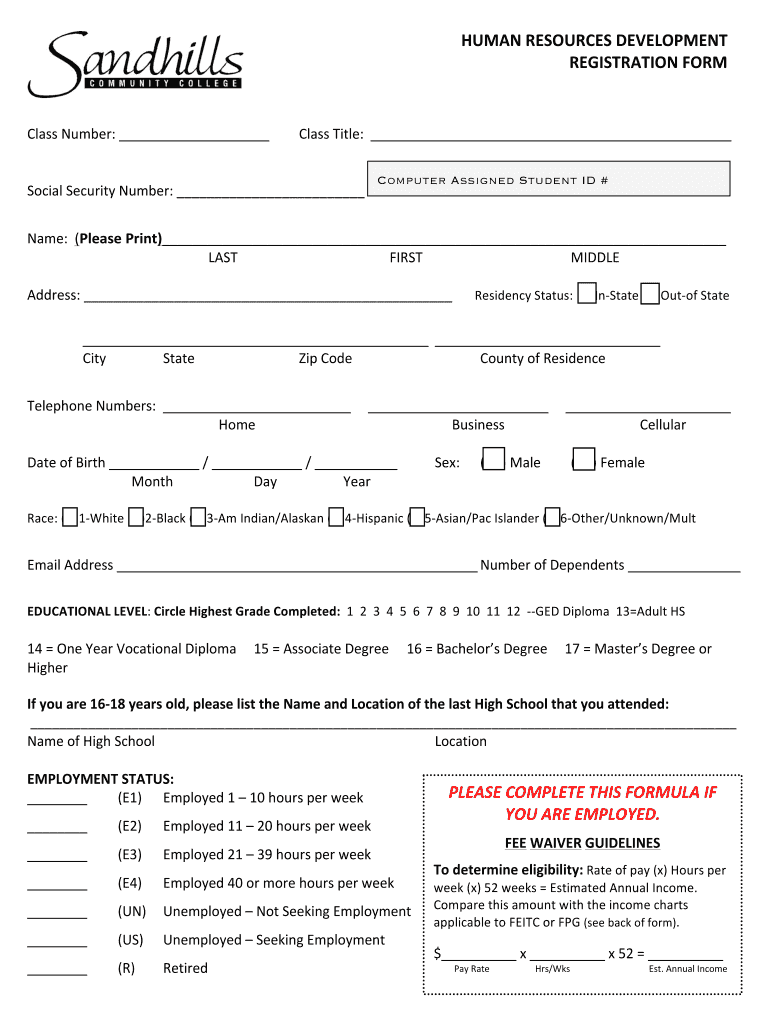 Human Resources Development Registration Sandhills Sandhills  Form