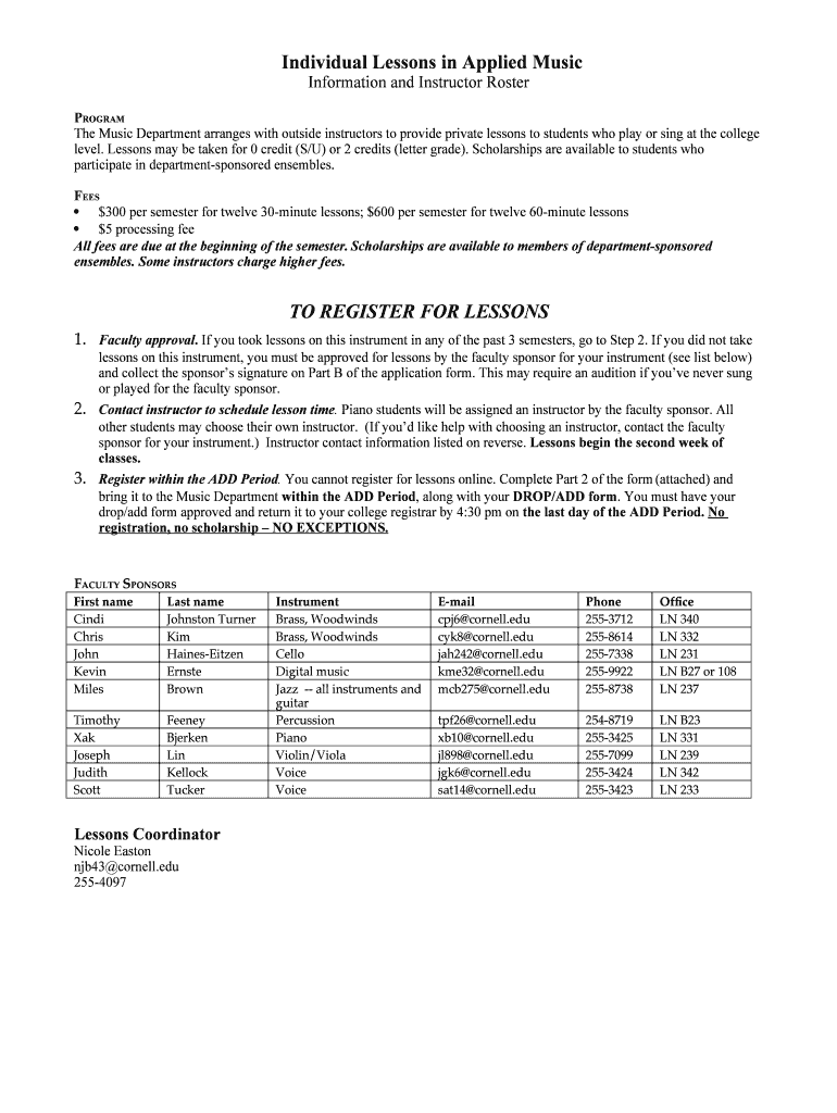 Individual Lessons in Applied Music Cornell University Department  Form