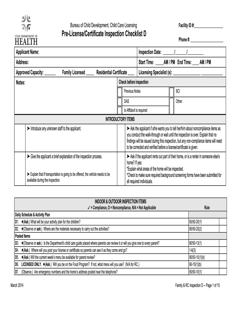 Home Child Care Pre License &amp; Certificate Inspection Checklist D Health Utah  Form