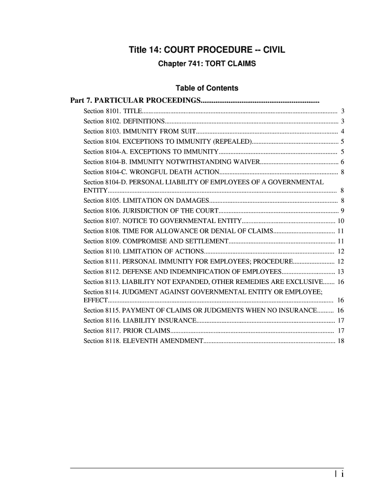 Tribe TORT CLAIMS ACT Table of Contents  Form