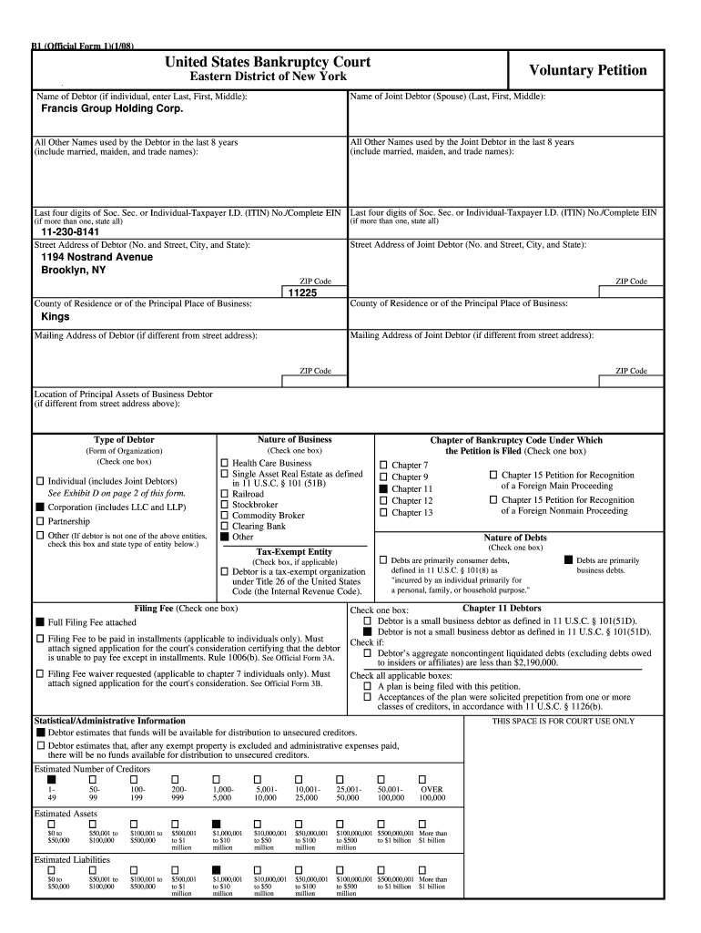 Bankruptcy Forms Francis Group Holding Corp Mark Frankel 8417