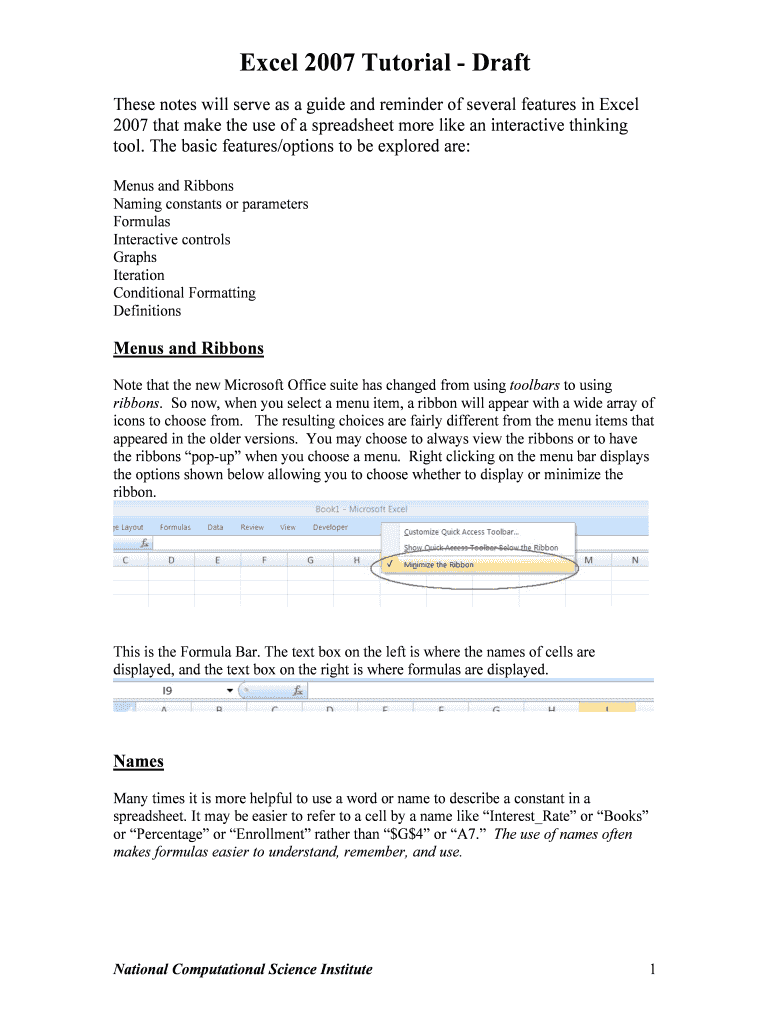 These Notes Will Serve as a Guide and Reminder of Several Features in Excel  Form