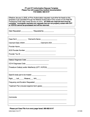 PT and OT Authorization Request Template Please Fax with  Form