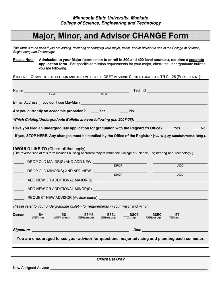 Major, Minor, and Advisor CHANGE Form CSET Minnesota State Cset Mnsu