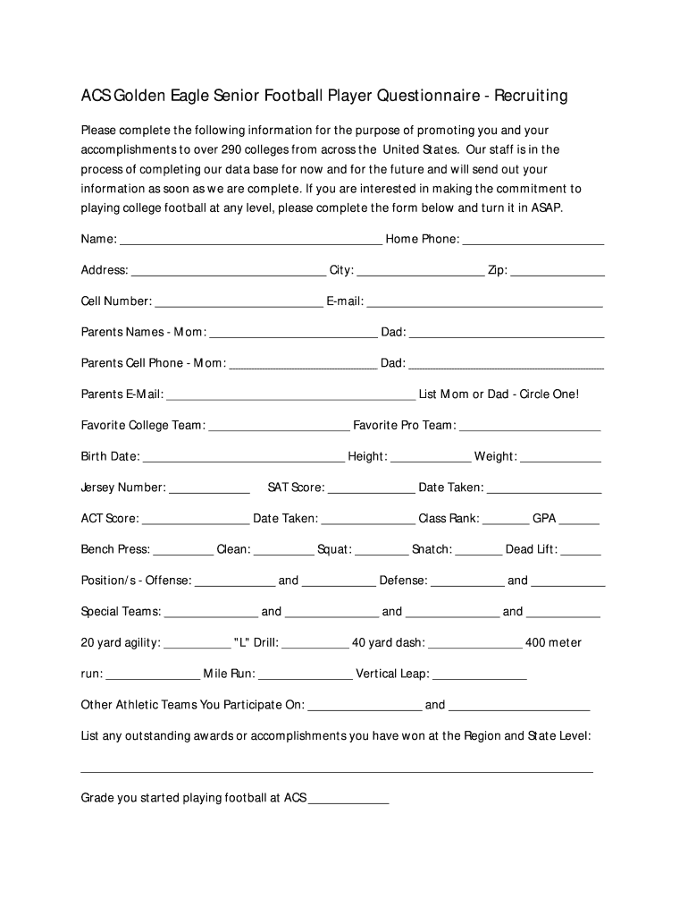 Senior Football Player Questionnaire Athens Christian School  Form