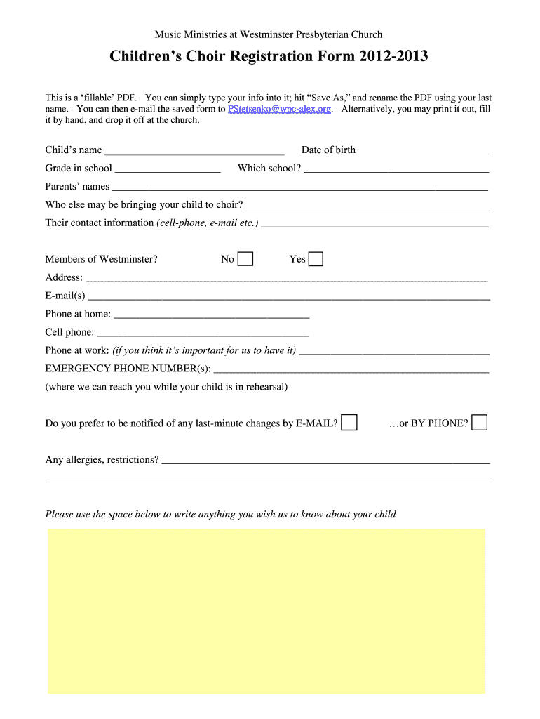 Children&#039;s Choir Registration Form ACS Integration