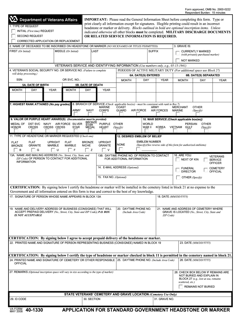  Va Form 40 1330 Fillable 2017