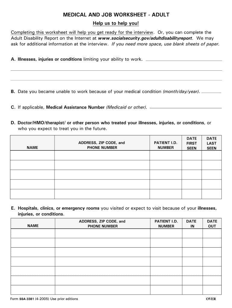  Looking for Adult Medical and Job Worksheet Ssa 3381 Form 2009