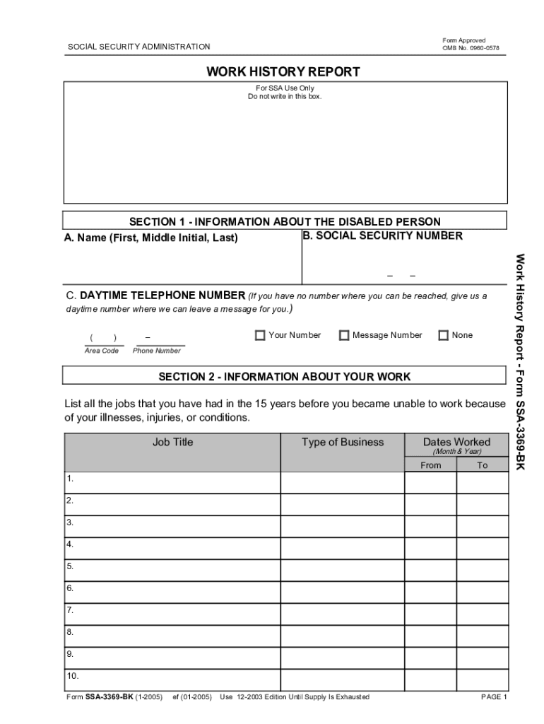 Social Security Administration Employment History Report Ab 1346  Form