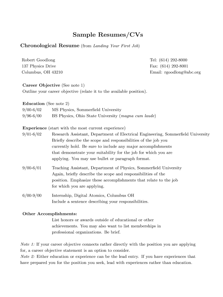 Sample ResumesCVs Department of Physics the Ohio State Physics Ohio State  Form