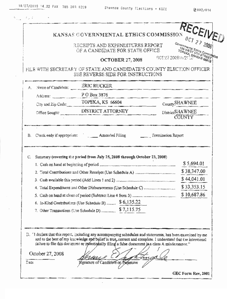 Ethics Ks GovCFAScannedHouse CEIPTS and EXPENDITURES REPORT of a CANDIDATE for STATE  Form